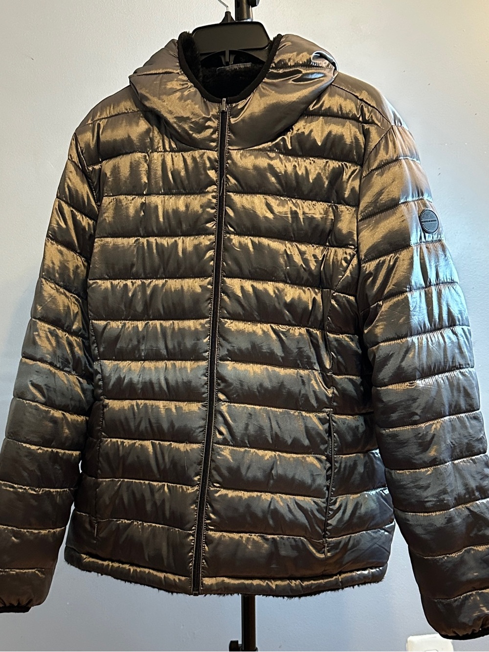 Andrew Marc Metallic Gray Quilted Hooded Puffer Jacket